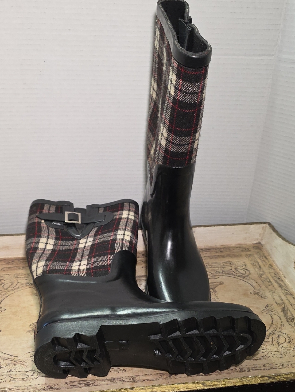 Austin Plaid Tall Rain Boots with Buckle Detail - Black and Red Plaid 9